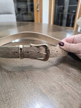 Vintage Paris Sport Club Beige Floral Boho Leather Belt SM Gold Metal Buckle